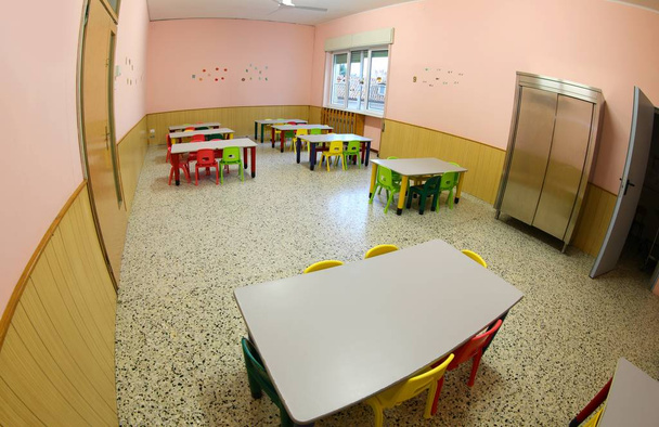lunchroom with small chairs and tables for a school for the chil - Photo, Image