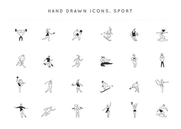 Set of vector hand drawn icons. People in different sports. Active way of life. - Vector, Image