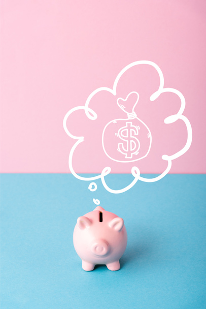 piggy bank near thought bubble with money bag on pink and blue  - Fotografie, Obrázek