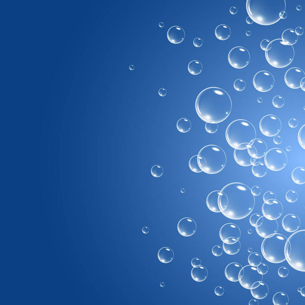 Fondo de burbujas de jabón, ilustración vectorial. Conjunto de burbujas de agua limpia, jabón, gas o aire con reflexión sobre el fondo de gradiente azul. Realista bajo el agua
. - Vector, Imagen