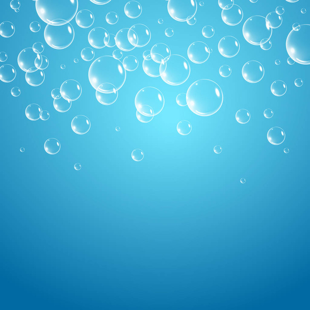 Soap bubbles background, vector illustration. Set of clean water, soap, gas or air bubbles with reflection on blue gradient background. Realistic underwater. - Vector, imagen