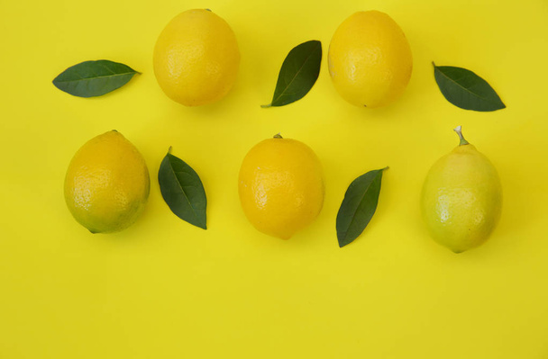 šťavnaté citrony s listy na žlutém pozadí. Organické citrusové plody pro zdravou stravu. Tropické ovoce. Vzorek, pozadí. Rozumím. Horní pohled. Plocha. - Fotografie, Obrázek