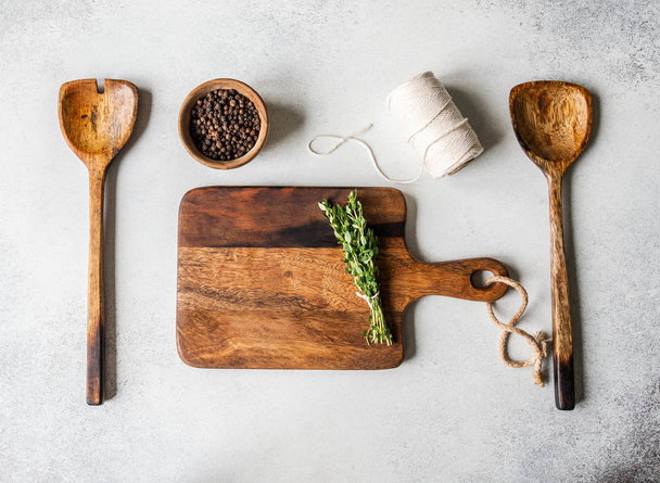 Fresh raw Herbs and wood kitchen were frame on grey background. top view, copy space. - Foto, afbeelding