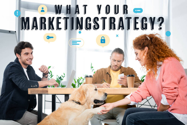 three friends working and asking paw of cute golden retriever with what your marketing strategy illustration above heads - Photo, Image