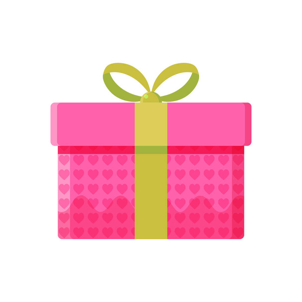 Pink gift box for Valentine s day or wedding. Modern flat illustration in vector. Romantic gift decorated with heart and bow. Object closeup isolated on white background. - Vector, Imagen