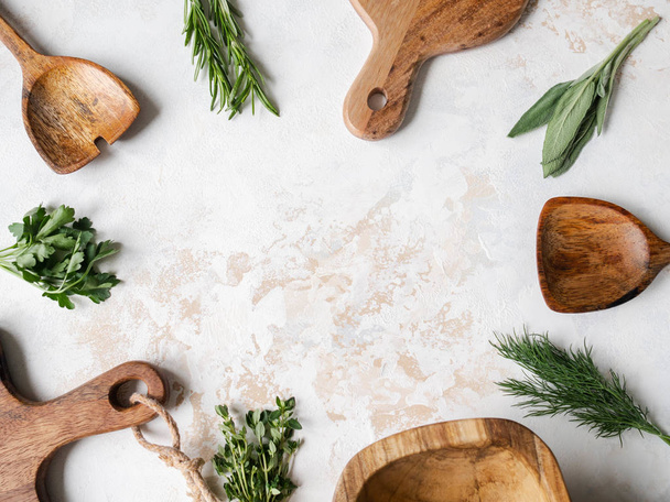 Fresh raw Herbs and wood kitchen were frame on a textured background. top view, copy space. - Fotografie, Obrázek
