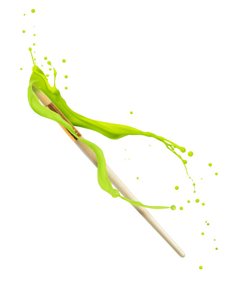 Pincel de pintura con salpicaduras de pintura verde claro de cerca, aislado sobre fondo blanco
 - Foto, imagen