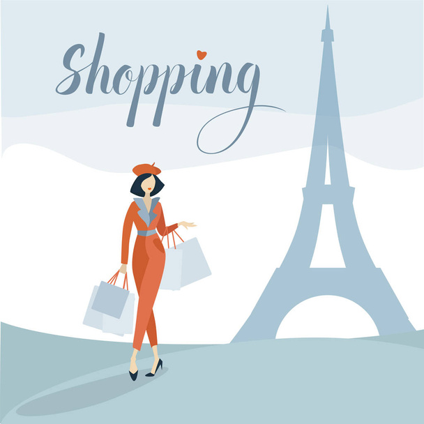 Mulher de moda bonita faz compras na França Paris perto eiffel torre plana vetor ilustração
 - Vetor, Imagem