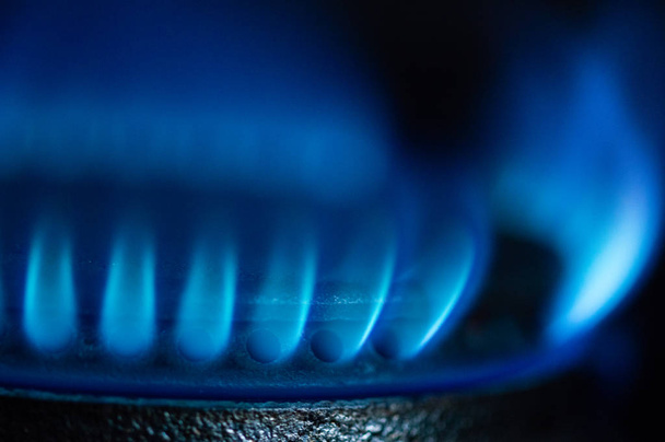 Una imagen macro de una llama azul borrosa en el quemador de la estufa de gas
. - Foto, imagen