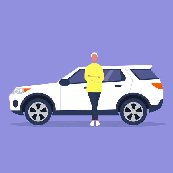 Young male character in full length leaning against a sport car, flat vector illustration - Vector, Image
