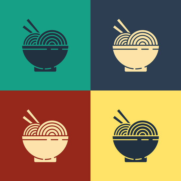 Color Asian noodles in bowl and chopsticks icon isolated on color background. Street fast food. Korean, Japanese, Chinese food. Vintage style drawing. Vector Illustration - ベクター画像
