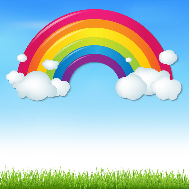 Color Rainbow With Clouds And Grass - Vektör, Görsel