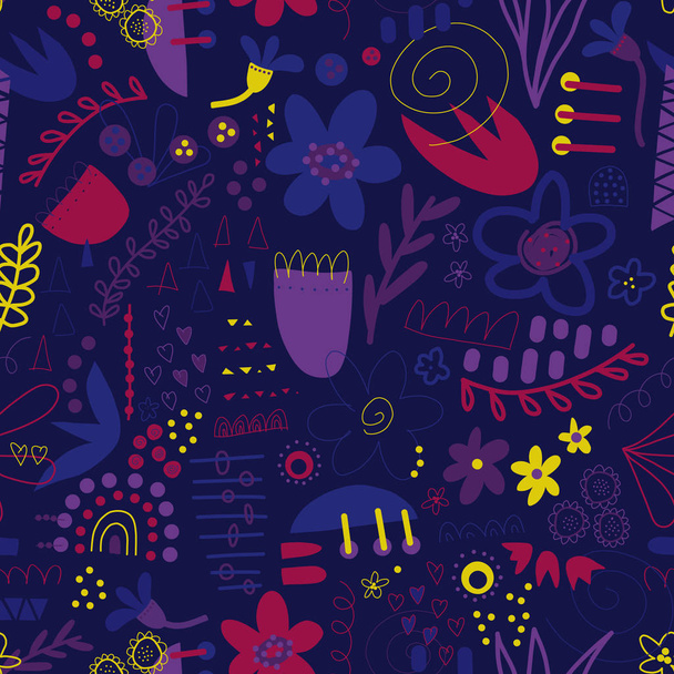 Seamless pattern abstract shapes collage purple blue pink yellow. Modern background design with doodle flowers, hearts, elements for fabric, textile, wallpaper, postcards, kids decor - ベクター画像