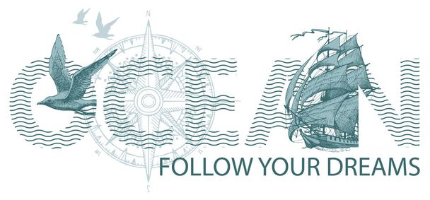 lettering Ocean with sailing ship and Seagull - Vector, afbeelding