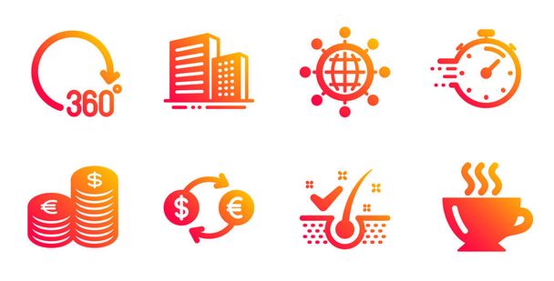 Gebäude, Währungsumtausch und 360-Grad-Icons gesetzt. Vektor - Vektor, Bild