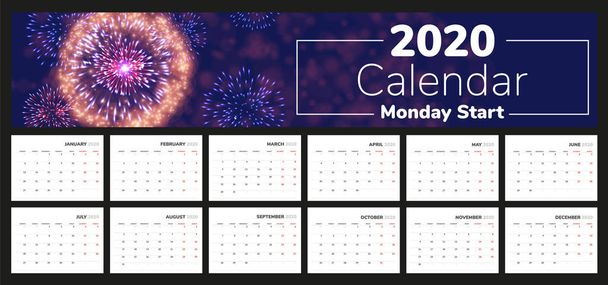 Buon anno nuovo calendario 2020. Fuochi d'artificio con calendario 2020. Fuochi d'artificio di progettazione vettoriale con calendario 2020
. - Vettoriali, immagini