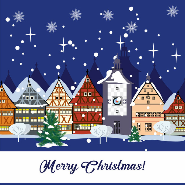 Christmas picture of a winter city. At home in the snow, a beautiful tree, everyone is waiting for the holiday. - Vector, Image