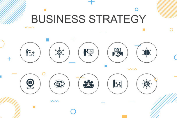 Estratégia de negócios modelo Infográfico na moda. Design de linha fina com planejamento, modelo de negócio, visão, ícones de desenvolvimento
 - Vetor, Imagem
