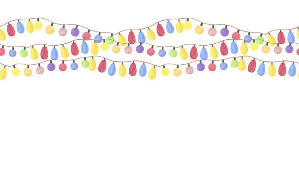 A repeat pattern of watercolor hand drawn light bulb garlands horizontal border - Photo, Image