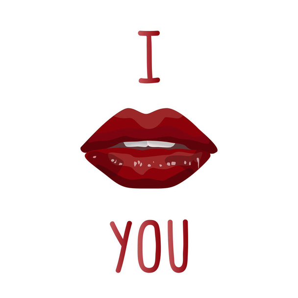 Attractive adult female lips with dark red bright lipstick and open teeth with a simple lettering in capital letters "I" and "you" which means "I kiss you." Vector stock illustration on a white BG - ベクター画像