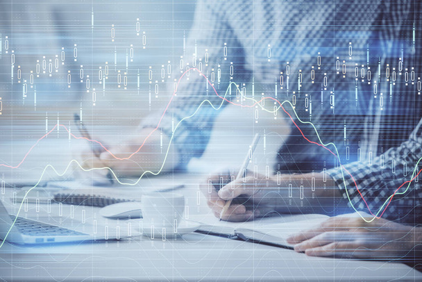 Multi exposure of forex chart with man working on computer on background. Concept of market analysis. - Foto, immagini