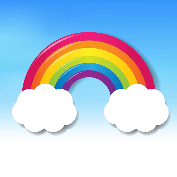 Colorful Rainbow With Clouds Blue Sky - Illustration - Wektor, obraz