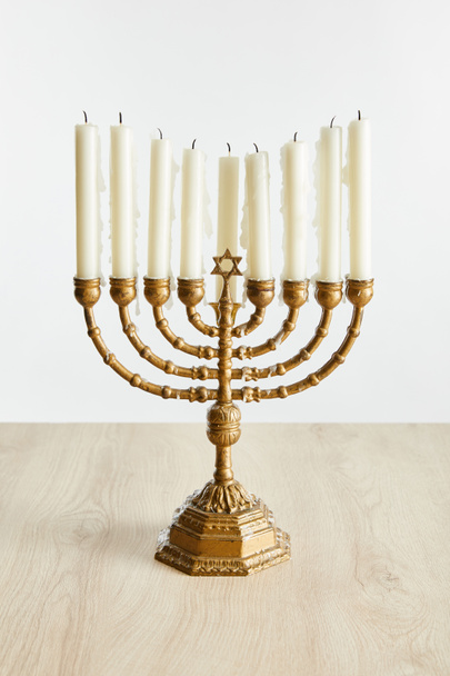 candles in menorah on Hanukkah isolated on white - Photo, image