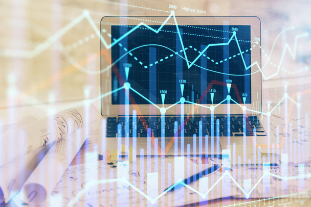 Stock market chart hologram drawn on personal computer background. Multi exposure. Concept of investment. - Valokuva, kuva