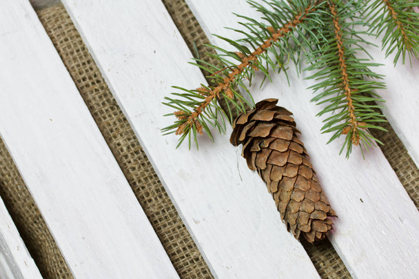 Fir branch and cone on the background of wooden boards. The boards are painted white. - Fotoğraf, Görsel