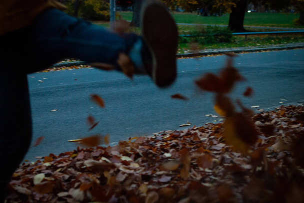Obrázek ukazující chodník plný listí nakopaných malou nohou - Fotografie, Obrázek