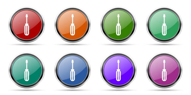 Ikony narzędzi, zestaw okrągłych błyszczących przycisków internetowych ze srebrnymi metalicznymi ramkami chromowymi izolowanymi na białym tle w 8 opcjach - Zdjęcie, obraz