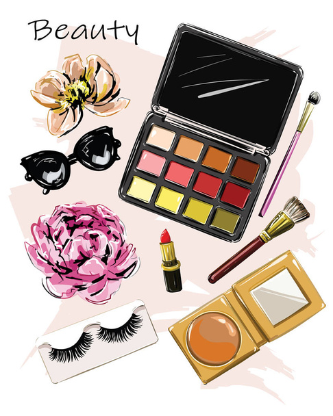 Hand drawn cute set with cosmetics. Eyeshadow palettes, lipstick, brushes, false eyelashes, sunglasses and flowers. Sketch. Vector illustration. - Вектор, зображення