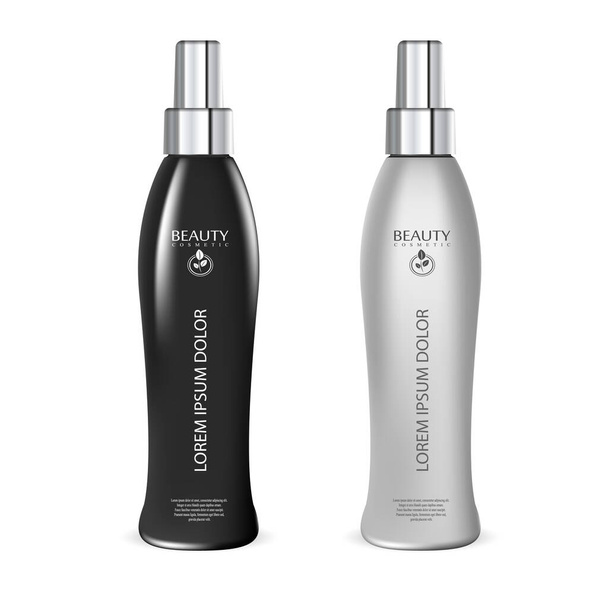 Musta ja valkoinen hiustensuoja spray kosmeettinen pullo mockup. Kosmetiikkapakkaukset vaahtoa, öljyä, hiuslakkaa, kosteuttava, suojaava neste. Realistinen vektorikuva
. - Vektori, kuva