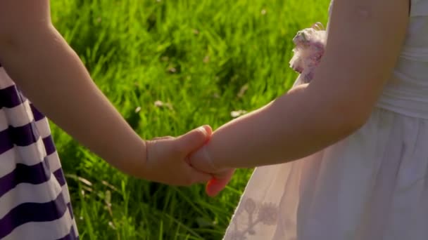 Σούπερ κοντινό πλάνο των μικρών κοριτσιών κρατώντας τα χέρια  - Πλάνα, βίντεο