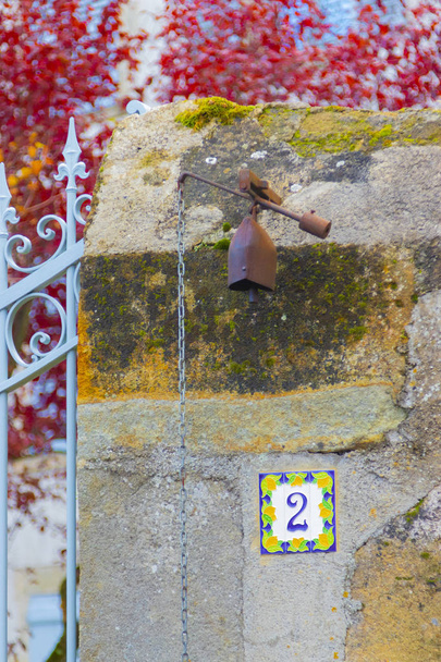 Un antiguo timbre a las puertas musgosas de una antigua mansión francesa. Chas, Auvernia, Francia
. - Foto, imagen
