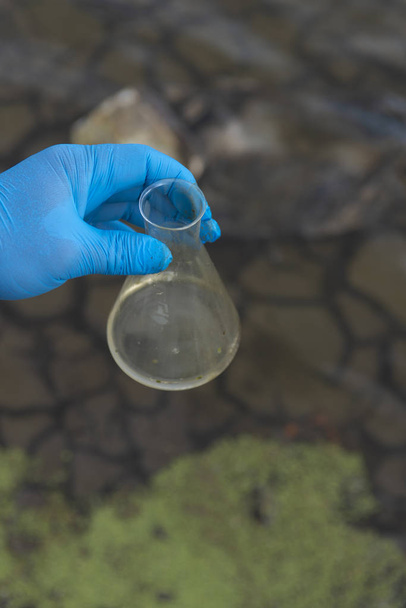 Monsterwater uit de rivier voor analyse. Hand in hand handschoen met een test tube.ecology concept - Foto, afbeelding