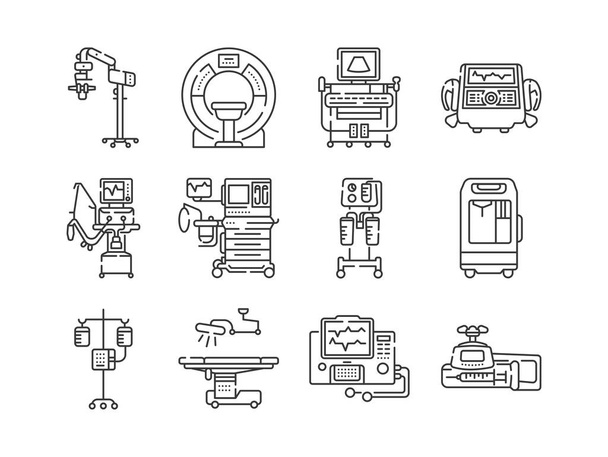 Medical devices line black icons set. MRI, anesthesia machine, syringe pump, dropper, defibrillator, Signs for web page, mobile app. Vector isolated elements. Editable stroke. - Вектор,изображение