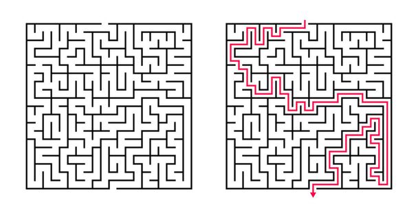 Vektorové náměstí bludiště - Labyrint s přiloženým řešením v černé a červené barvě. Funny & Vzdělávací mysl hra pro koordinaci, Řešení problémů, Rozhodování Zkouška dovedností. - Vektor, obrázek