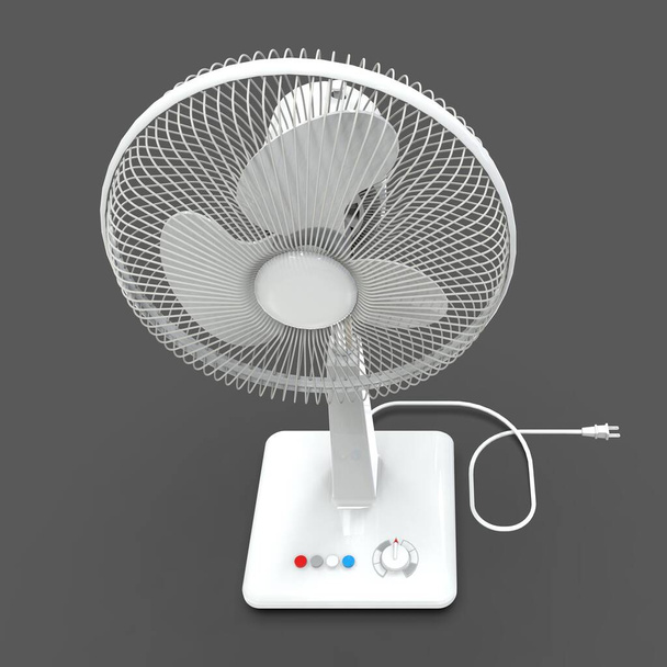 Ventilador eléctrico blanco. Modelo tridimensional sobre fondo gris. Ventilador con botones de control en el soporte. Un dispositivo sencillo para la ventilación de aire. ilustración 3d
. - Foto, Imagen