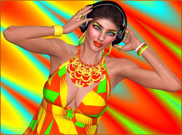 Un fondo abstracto de rojo, amarillo, verde y turquesa preparó la fiesta para que esta chica amante de la música DJ bailara con auriculares. Su maquillaje coincide con el fondo para agregar moda y diversión
. - Foto, Imagen