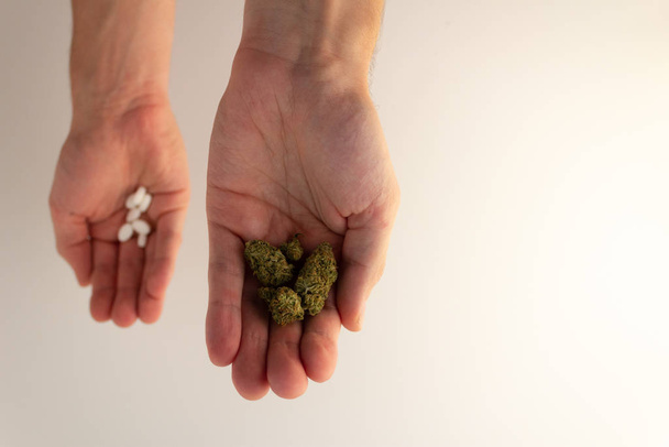Traditional vs natural medicine. Hands holding pills and marijuana - Фото, изображение