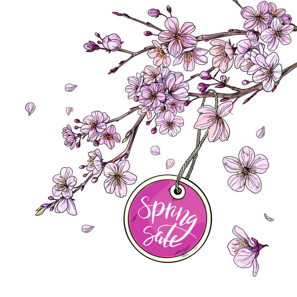 Round SPRING SALE tag is hanging on sakura branch - Vektori, kuva