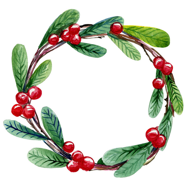 Watercolor hand drawn vintage wreath with leafs and red berries - Valokuva, kuva