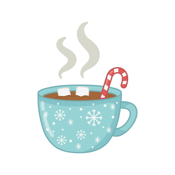 xícara de chocolate com cana doce marshmallow decoração feliz natal - Vetor, Imagem