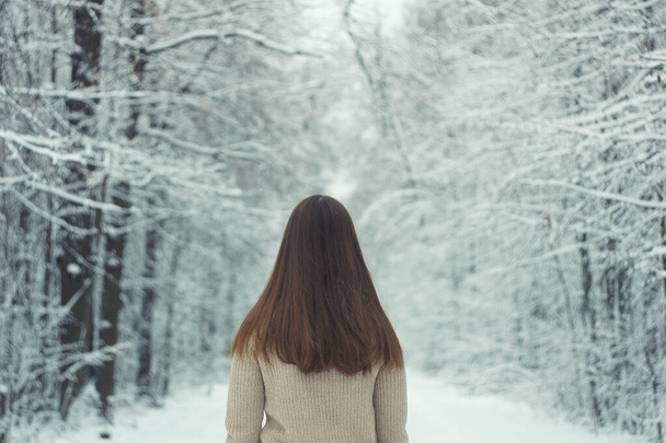 Girl walks in the winter forest - Foto, imagen