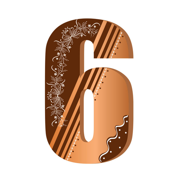 Números biscoitos vetor de chocolate - número 6 com flores, folhas de férias e ornamentos. Números de cookies de ilustração
 - Vetor, Imagem