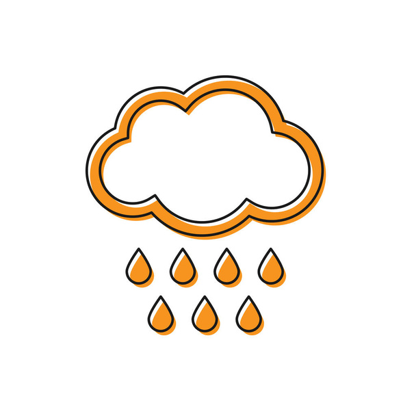 Pomarańczowa chmura z ikoną deszczu na białym tle. Opady deszczu w chmurach opadowych. Ilustracja wektorowa - Wektor, obraz