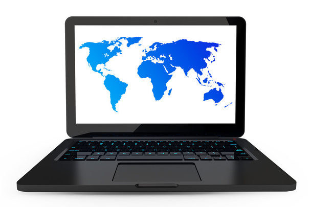 Laptop mit hochdetaillierter Weltkarte auf dem Bildschirm - Foto, Bild