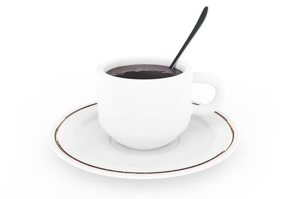 Fehér kávé tányér, kanál és csésze kávé - Fotó, kép