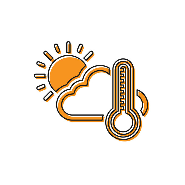 Orangefarbenes Thermometer und Wolke mit Sonnensymbol auf weißem Hintergrund. Vektorillustration - Vektor, Bild